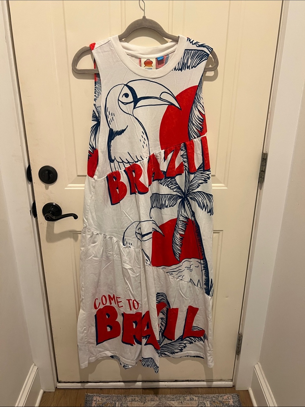 FARM Rio for Anthro White Dress with Red and Navy Brazil Graphic small - Picture 1 of 6